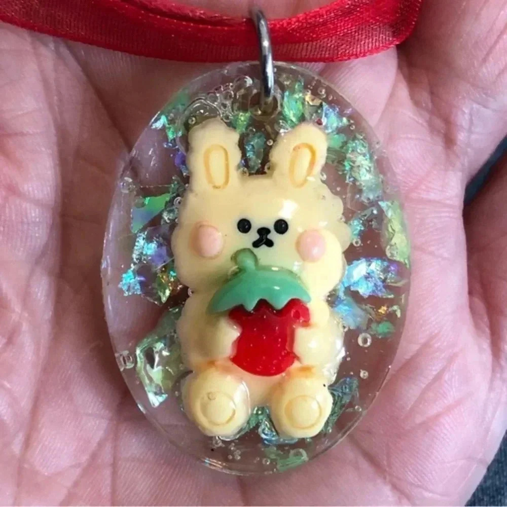 Red Green Easter Bunny Rabbit Glitter Resin Taffeta Ribbon Necklace Handmade